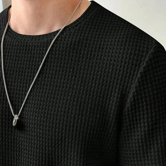 Black Preppy Mens Solid Waffle Knit Tee - Picture 4 of 5